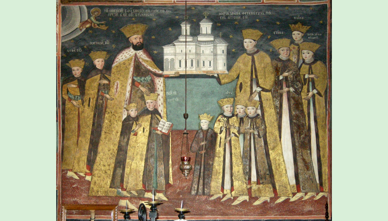 Prince Constantin Brancoveanu and his family. Dedication scene in the catholicon church Sts Constantine and Helena